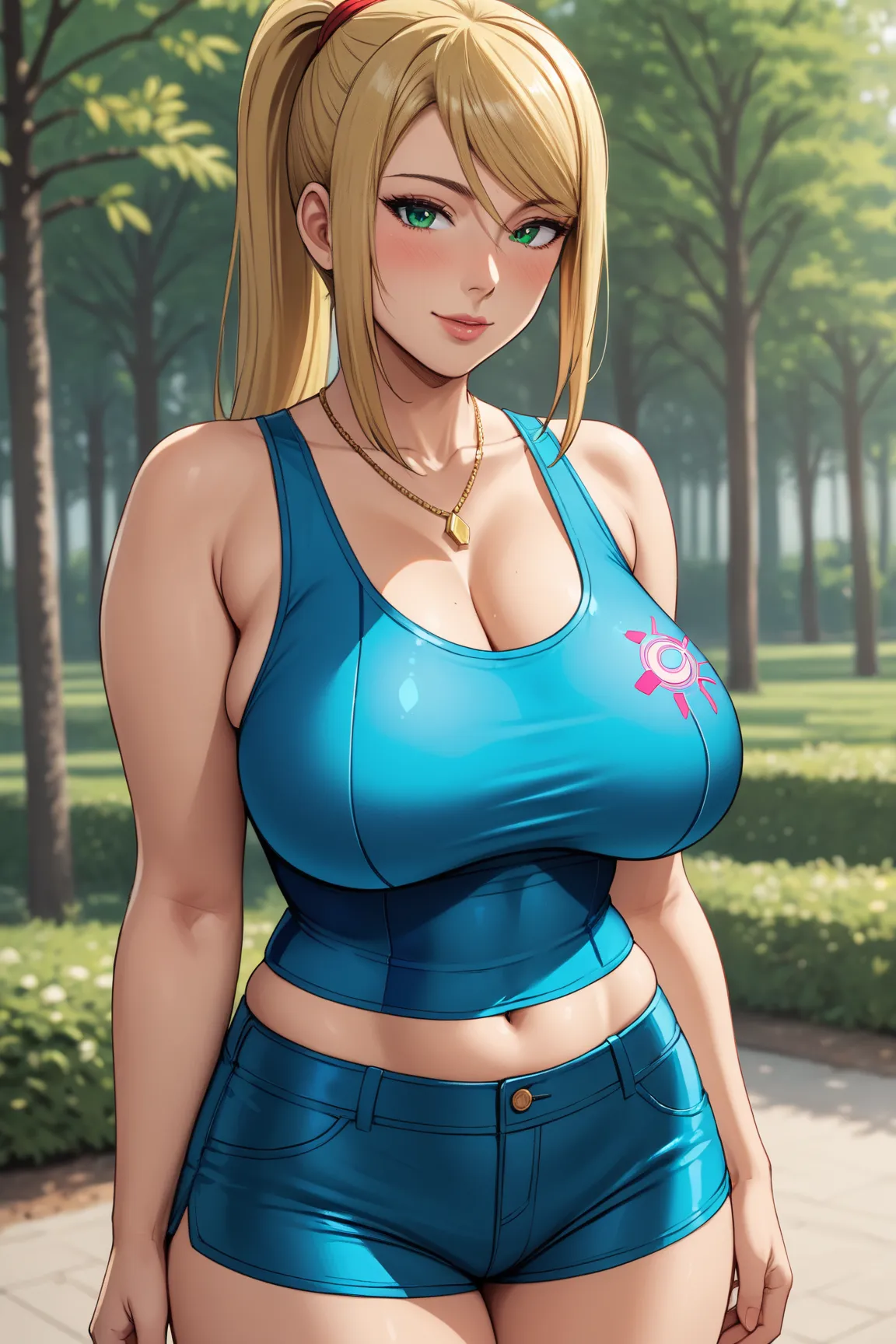  Only single character, anime girl (samus aran), looking at viewer, front view, seductive smile , green eyes, blushing, seductive pose, necklace, wearing Tank top and short shorts outfit, beautiful eyes, beautiful hair, natural saggy breast, wider hip, rou...