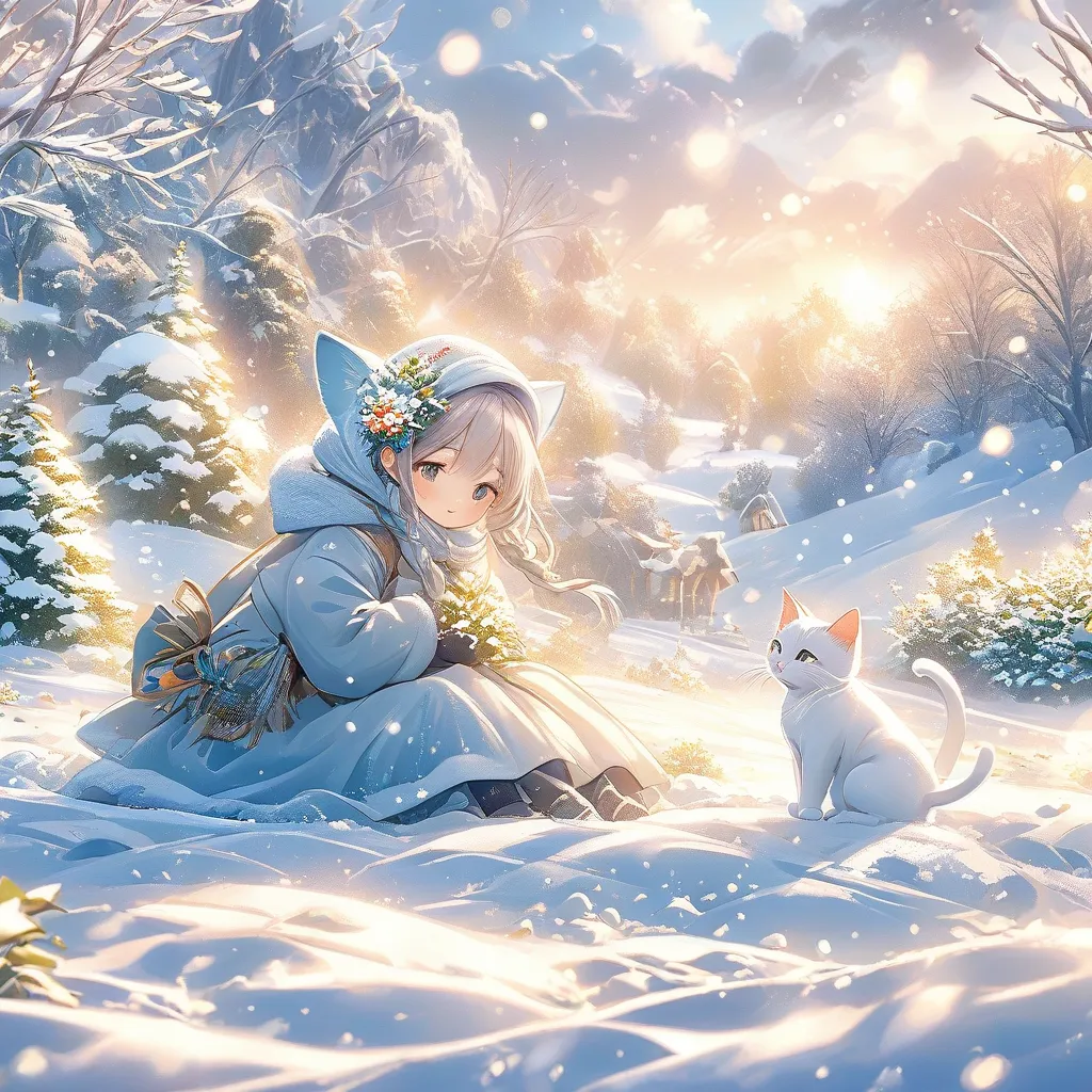 Snow scene, snow, cat ((romantic atmosphere))) ((fairy tale elements))) ((masterpiece))), ((best quality))