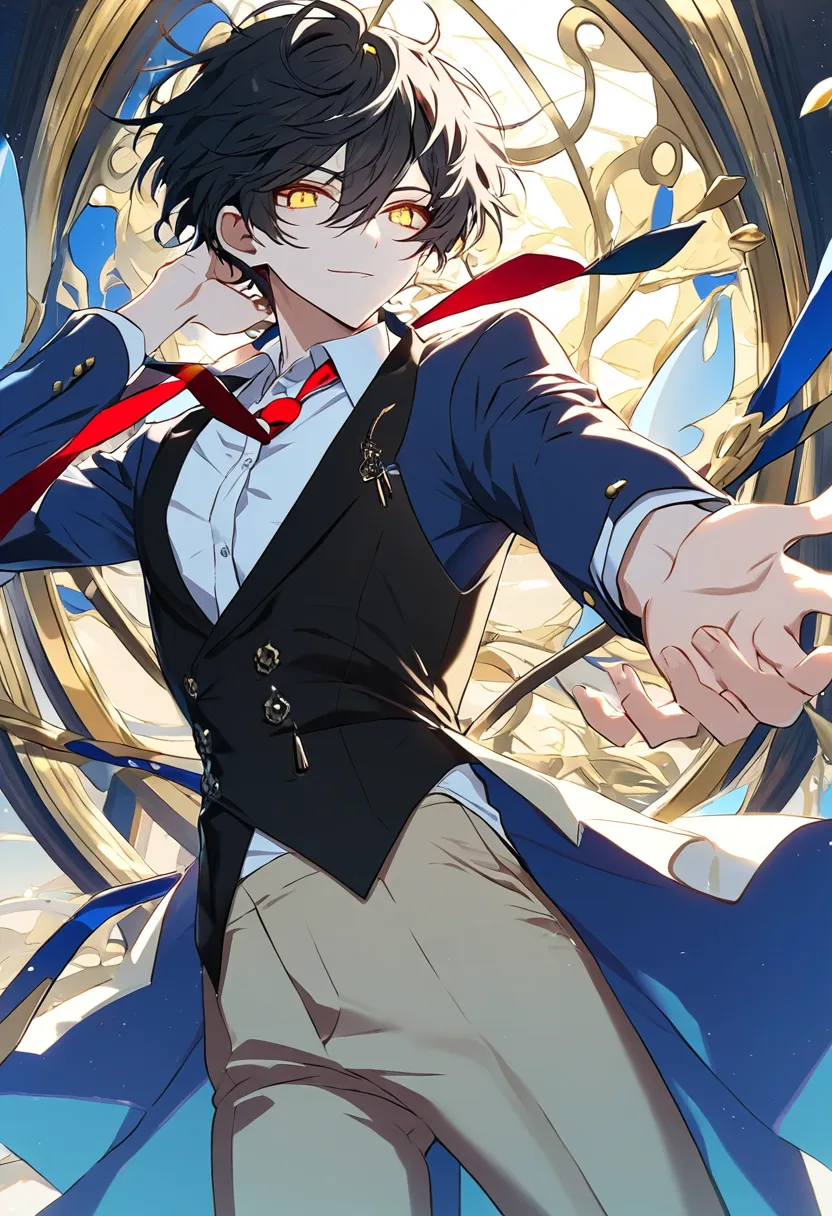 Male + black hair + yellow eyes + blue blazer + black waistcoat + white dress shirt + red tie + beige dress pants + solo