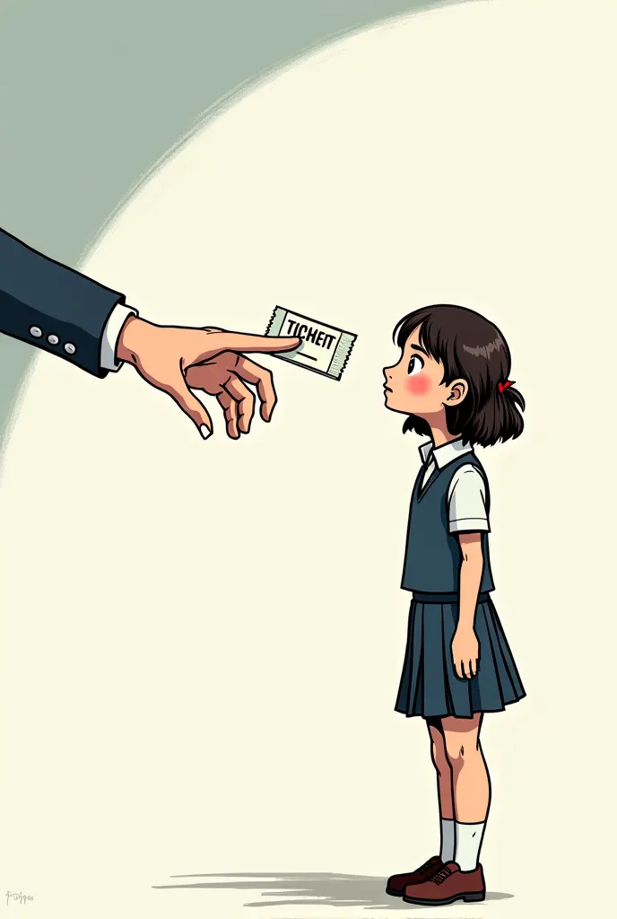 make an editorial cartooning of a girl student (wearing a uniform and skirt) looking confused because there is a big hand (one hand only) and a ticket being handed to her