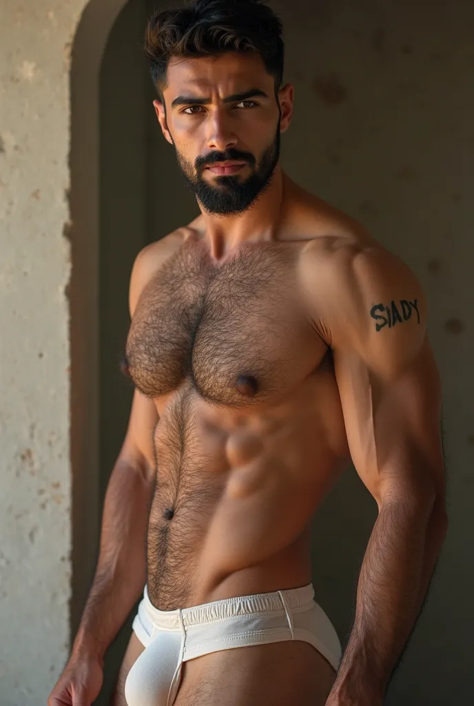 immagine realistica, Beautiful young man, Arab, with very hairy body, big eyebrows, in underwear, capelli castani corti e barba, very big bulge with dick shape 