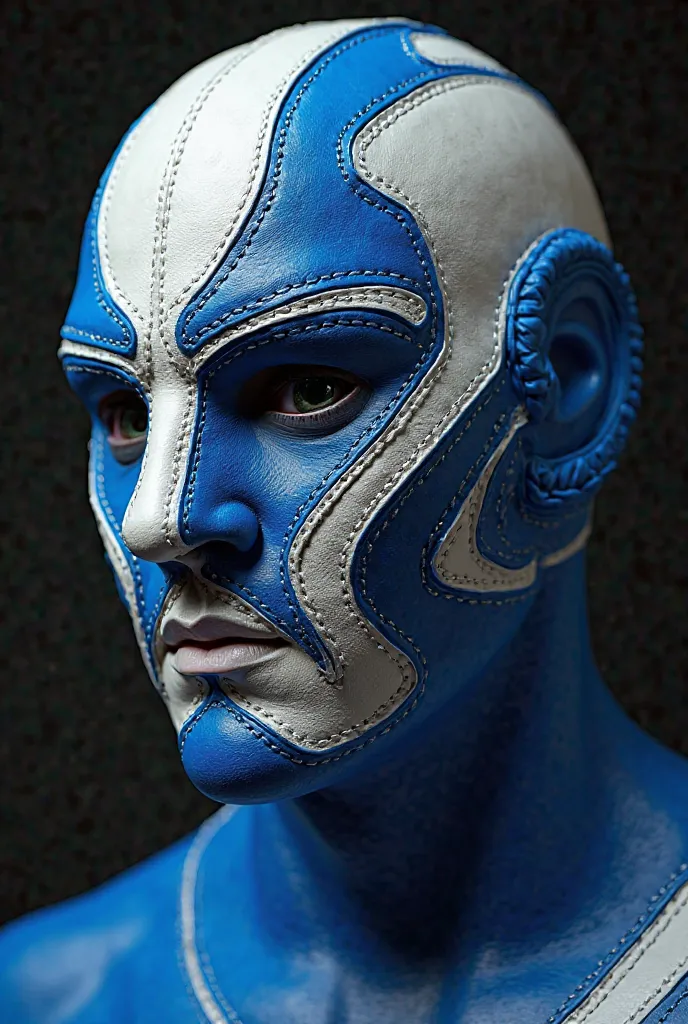 A Mexican wrestling mask made of vinyl leather and blue and white patent leather.  hyperrealistic art.