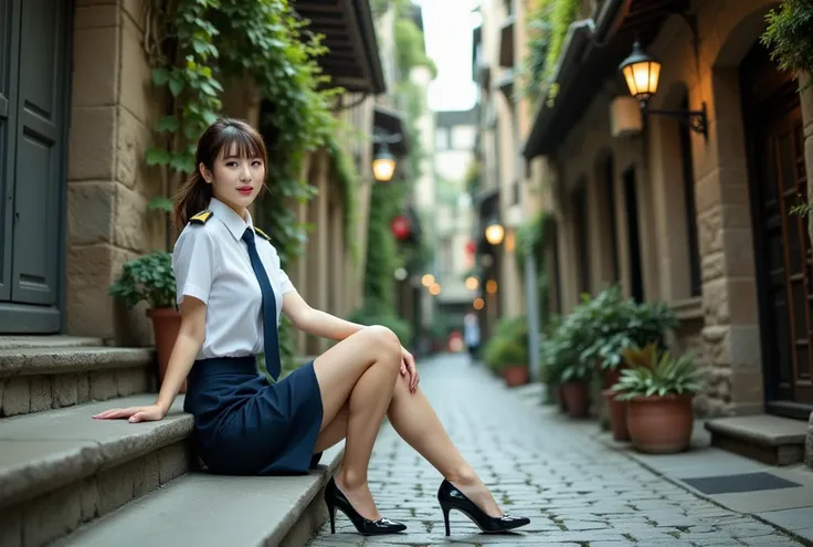  Sexy beautiful Japanese woman, a self defense officer uniform, wearing a white short-sleeved shirts, navy blue tie, navy blue pencil skirt, Black patent high heels, beautiful hip-line, Beautiful thighs,  looks away,  Ukrainian Towns, A charming old town w...