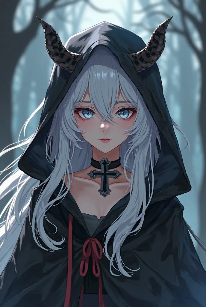 anime cartoon female, hooded, long spiked horns, choker with cross on it, white hair