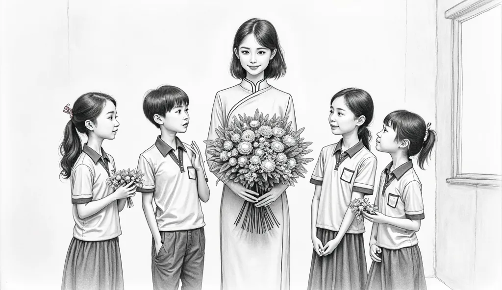 A realistic black-and-white pencil drawing of a Vietnamese teacher in a traditional áo dài, standing at the center with a warm smile, holding a large bouquet of flowers. Surrounding her are four students in uniforms—two on each side. One student on the lef...