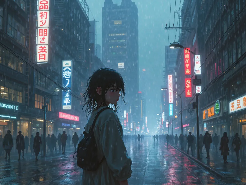 anime girl, sad, depressed, cyberpunk, lonely, night, rain, somber