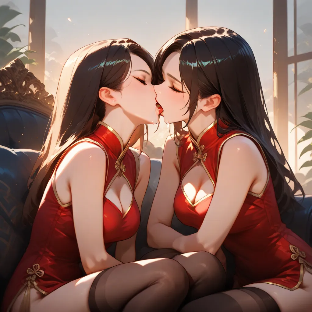 two women, deep kiss, french kiss, salivam, dark thighhighs, red chinese dress, cleavage cutout, sleeveless, sitting, on couch, highly detailed, HD, 4K, Masterpiece, highres