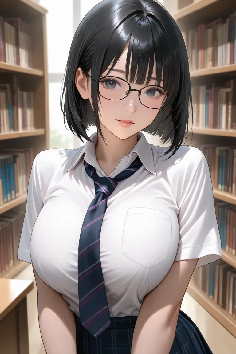 Glasses、Plain、Big Breasts、short bob black hair、Extremely Realistic、top quality、very detailed、Library、 School Uniform