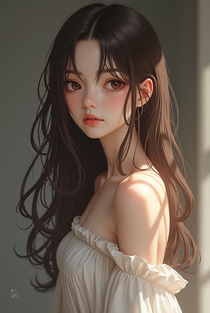 Long brown hair, skinny, pale skin, anime, female