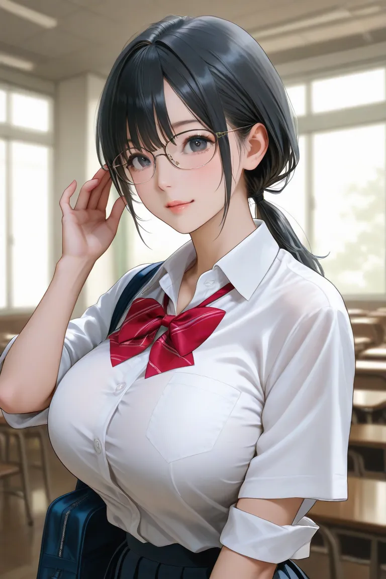 Glasses、Plain、Big Breasts、Black hair with a low ponytail 、Extremely Realistic、top quality、very detailed、Library、 School Uniform