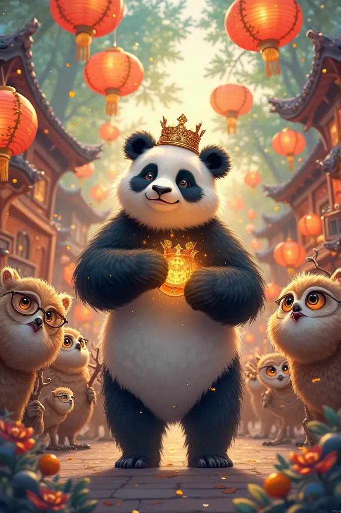 The panda finally returned to his village carrying the magical crown.  Her friends , including owls and deer, gathered to greet him. The village was filled with colorful lanterns, and all the animals celebrated the panda's return with a festive feast.