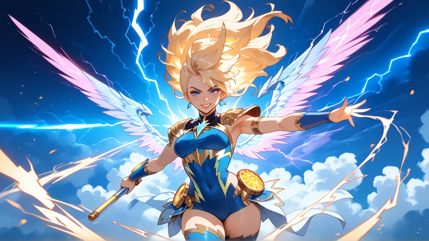 A powerful and energetic illustration symbolizing vitality and strength. Bright lightning bolts and glowing energy waves fill the scene, radiating dynamic motion and power. The colors are vibrant and striking, with electric blues, radiant golds, and glowin...