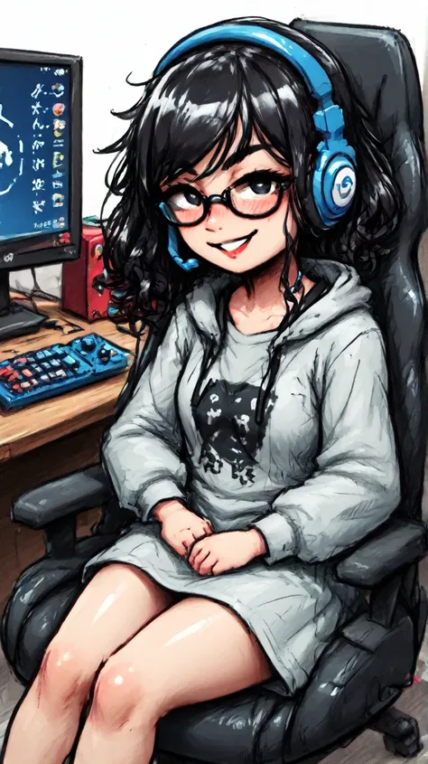 An adult Japanese woman. She has semi-short, black curly hair. She wears glasses and a dark red and dark gray plain casual fashion. She is Medium build. She is wearing a gaming headset, sitting in a gaming chair, and broadcasting her PC gameplay. She has f...