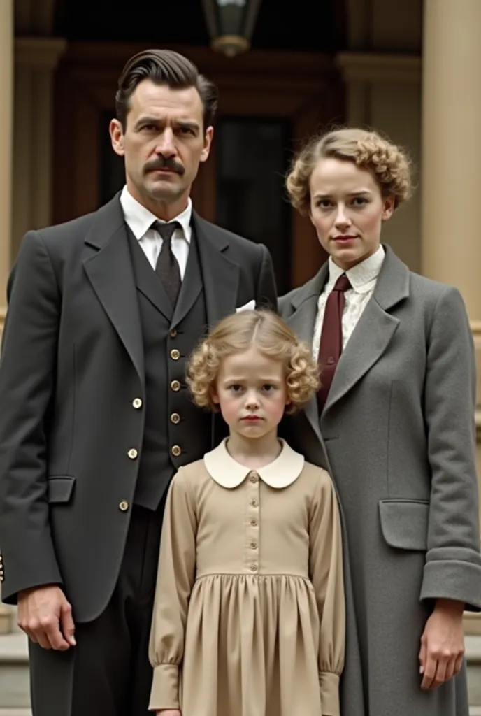 A vintage 1920s family portrait in front of a classical European building. The father is a well-dressed gentleman with a neatly combed hairstyle, mustache, and wearing a dark three-piece suit with a pocket watch. The young girl, around 4-, has short curly ...