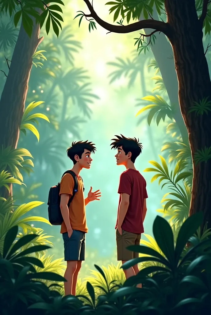 Two 20 year old boys looking at each other animated image in a jungle one infront of tree and other one saying something 