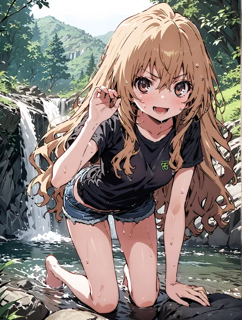 score_9, score_8_up, score_7_up, source_anime,
Taigaisaka, Aisaka Taiga, long hair, brown hair, brown eyes,ponytail,smile,open your mouth,plain black t-shirt,belly button sticking,Tie the hem of the shirt,denim micro shorts,Bare legs,wet skin,wet hair, we...