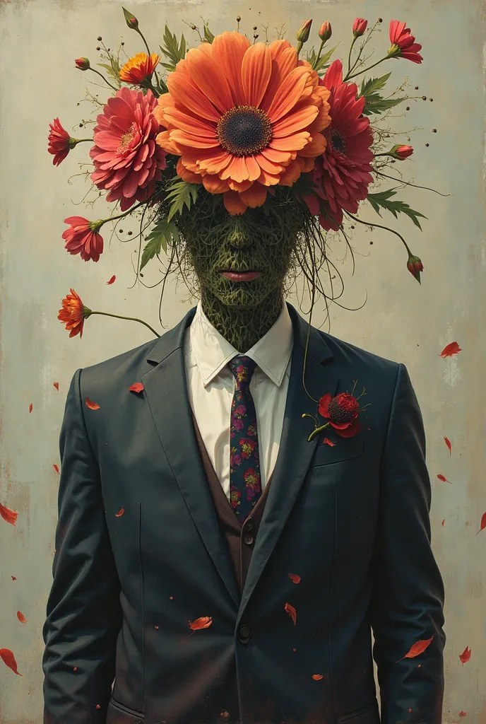 painting of a man with a suit and tie with a flower head, concept art inspired by Endre Bálint, polycount, conceptual art, flowers growing out of its head, flowers growing out of his body, humanoids overgrown with flowers, flower head, mutated flowers, flo...