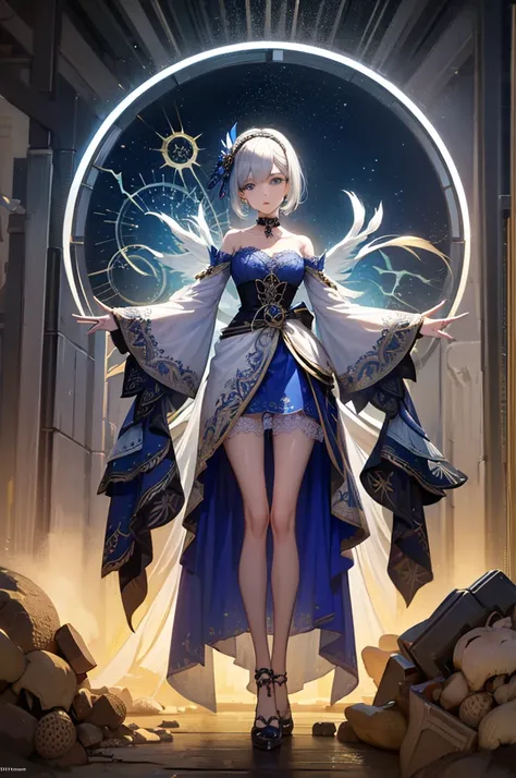 Anime style concept art of a female automaton with sapphire blue eyes wearing the following: Top: A structured corset-style bodice with intricate blue embroidery against a pristine white fabric, creating a harmonious blend of elegance and craftsmanship typ...