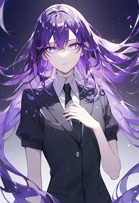 Beautiful, solo, long hair, purple hair, purple eyes, white shirt, black suit, short sleeves, houseki no kuni