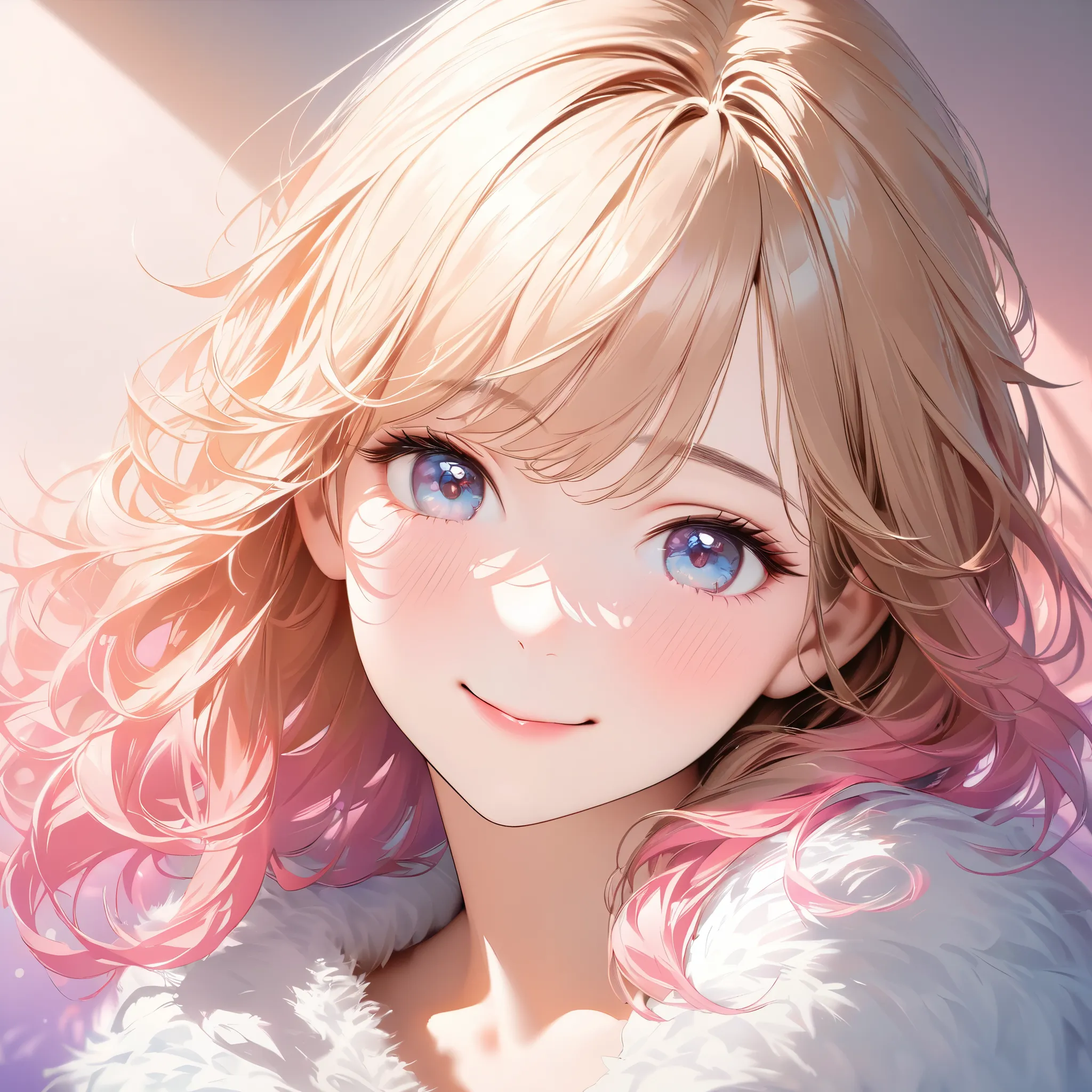 cute beautiful woman , smile, shy, light makeup that breaks, Large percentage, Use gentle background colors, Soft, with a fluffy and relaxing effect, shading effects, gradient magic effect, (very detailed,  absolute solution, top quality:1.3), 2.5D, delica...