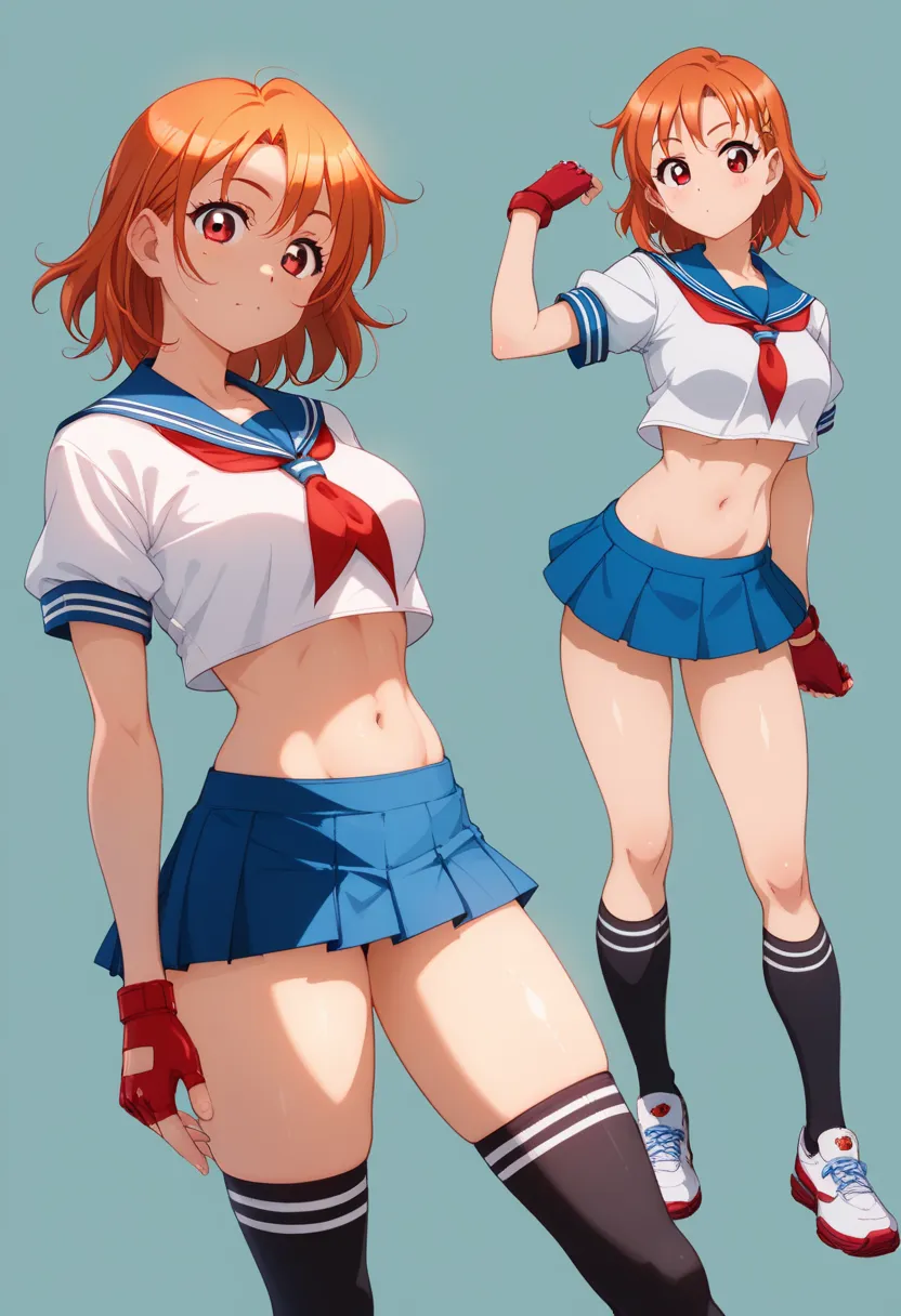 hidden hair, Takami Tomoka,  medium hair, Orange Hair, Red Eyes,standing, sporty athletic build, Confident Poses, Big Breasts, Bust line, score_9, score_8_up, score_7_up, score_6_up,blue skirt, crop top, midriff, mini skirt, belly button, sailor color,  sc...