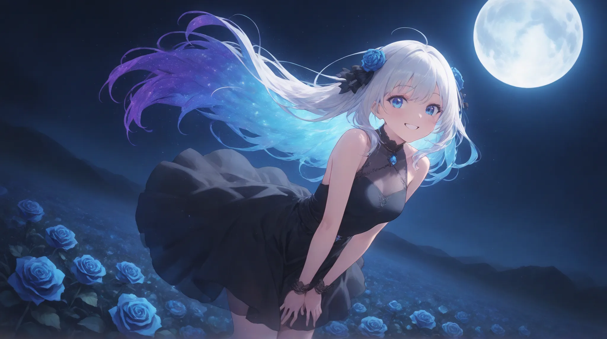 Please create an illustration based on the following characteristics。
・AI-style anime-style illustrations
・Delicately drawn beautiful girl characters
・Design incorporating fantasy elements
· black dress
·skirt
・Brightly colored and gradated hair and eyes
・...