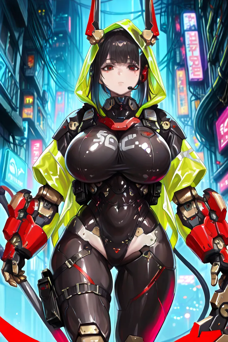  black hair、Empty Red Eyes 、raincoats、 headset、Bulletproof vest、cute、 girl、 high school student、humanoid、android for service、has a giant scythe、((very big breasts、 big machine arms ))、sexy、anime style、styleechanisenicha、cyberpunk city、high image quality、hi...