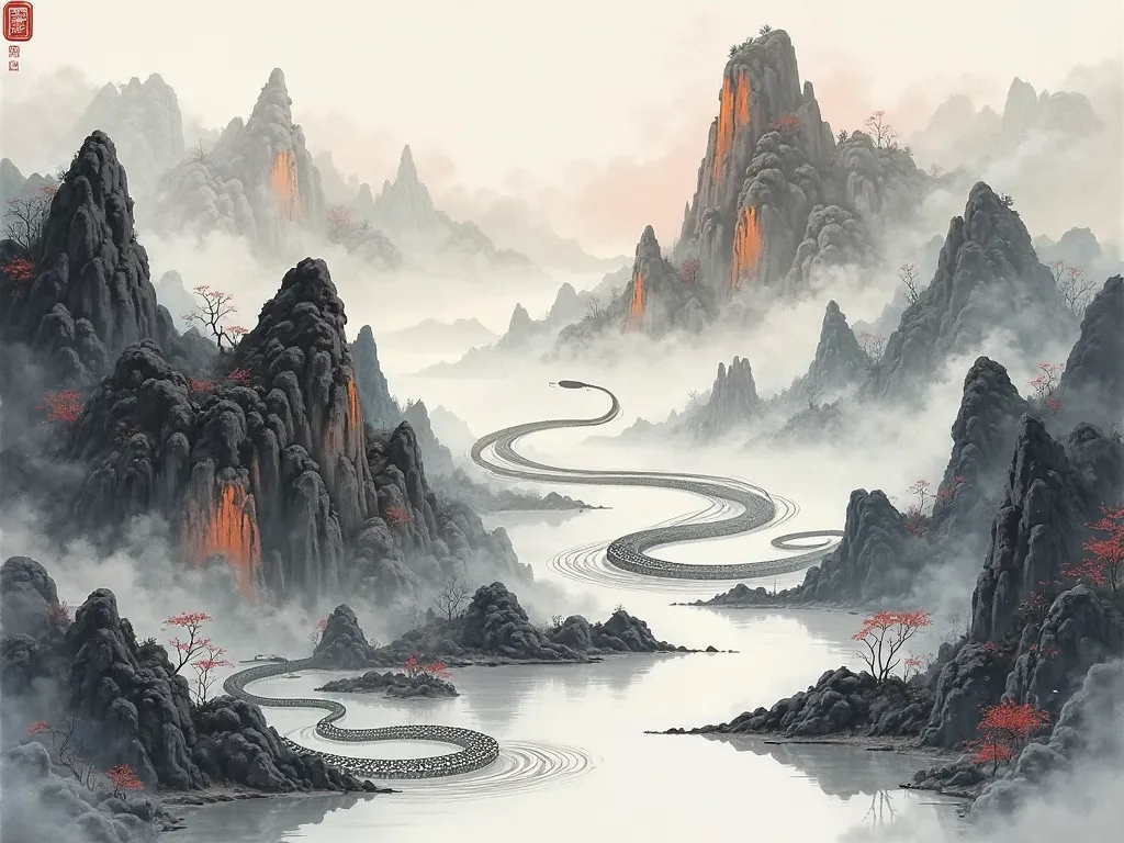 "An enchanting ink landscape painting featuring a calligraphy-inspired serpent moving gracefully between the mist-covered peaks of Guanyin Mountain and the flowing waters of Tamsui River, blending the elegance of Chinese brush strokes with the dynamic esse...