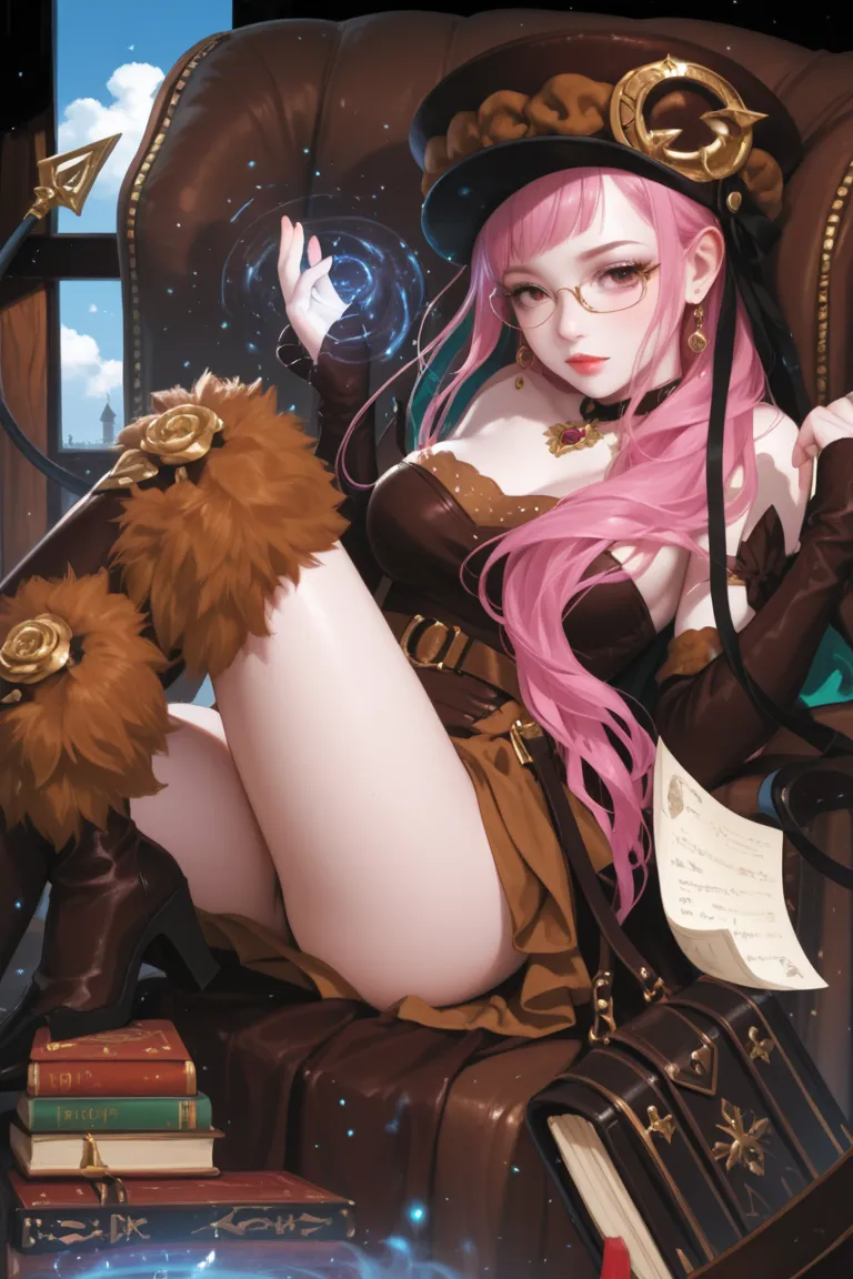 White skin, pink hair, dark brown leather dress, magic, elegant, book 