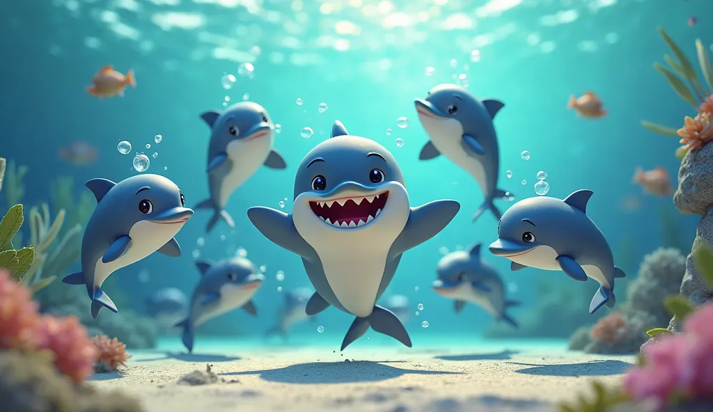 Playful moment: Baba Shark and dolphins do a synchronized dance move together.3D cartoon type only