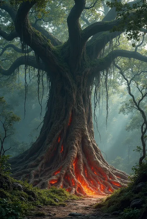 The roots of the banyan tree emitting a faint, reddish glow, with ancient symbols carved into the bark, hinting at a hidden secret.