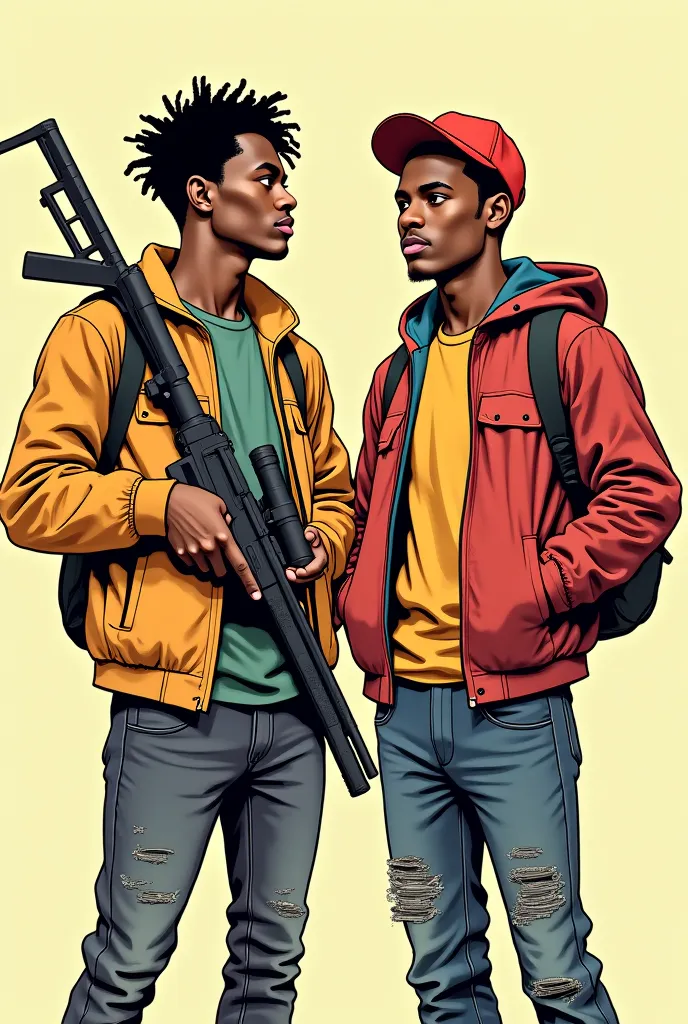 Faites-moi une couverture  manga pour deux jeunes hommes afro-américains, l'un tenant une bazooka dans ses mains et l'autre assis sur un panier de supermarché plein d'argent la photo doit etres presenter comme affiche d’un single met le nom des personnages...