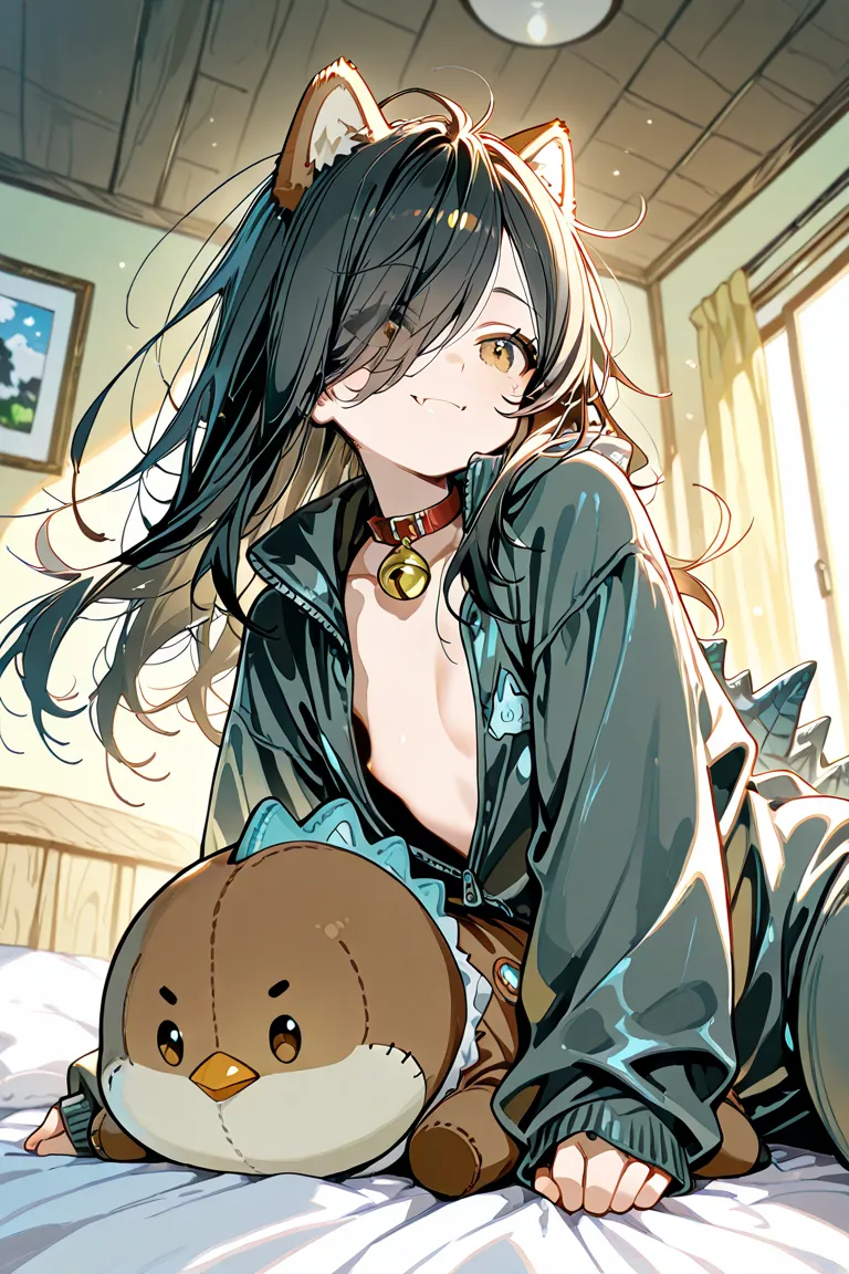 Nsfw,1girl, solo, loli, dog girl, dog ears, cheerful, neck bell, fang, brown eyes, 
black hair, long hair, straight hair, hair over one eye, messy hair, floating hair, 
cleavage, flat chest, happy, with Sparrow, 



Godzilla costume, no bra, 

lying on bed...