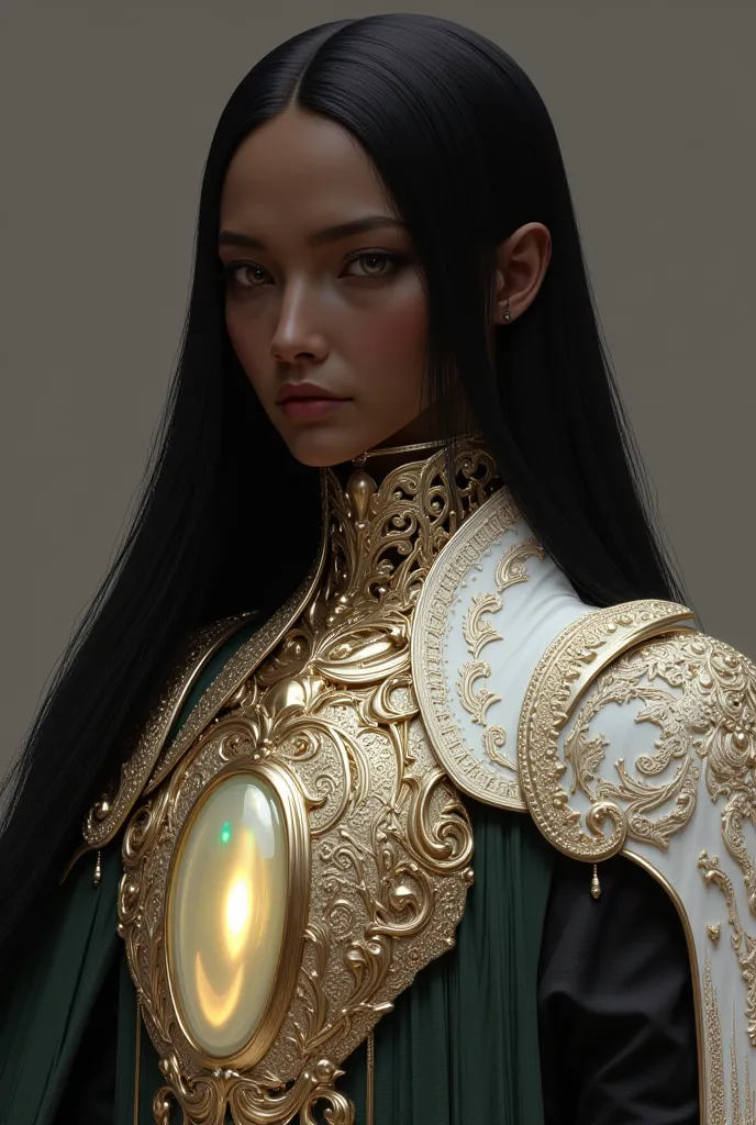 Elegant woman armor, breast plate, long black hair, opal gem, white