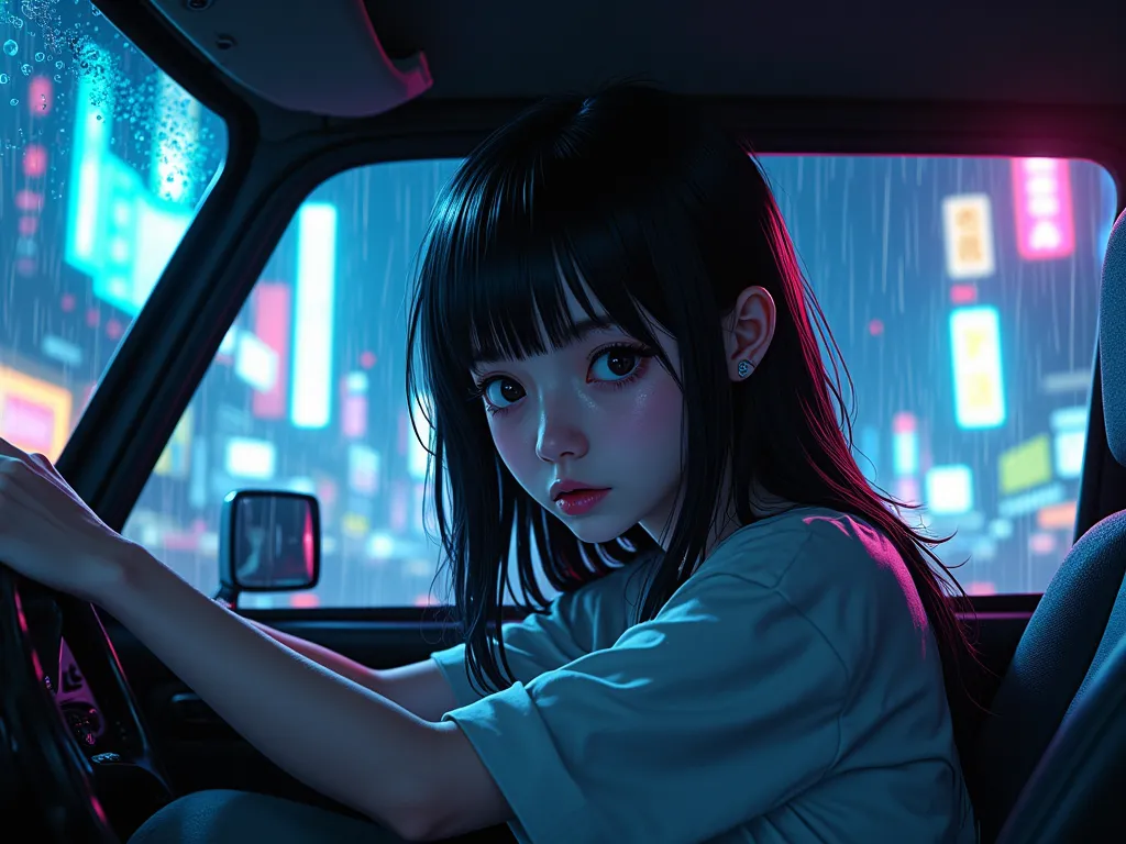 anime futuristic girl, sad, depressed, cyberpunk, lonely, night, in car, rain, lights, looking at the camera, vibe, aesthetic, chilling