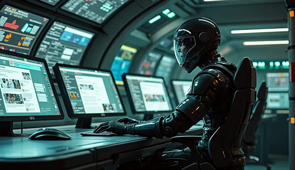 Create a detailed, 8K quality cinematic image rendered in the style of Unreal Engine 5. The image shows a futuristic control room aboard a spaceship, made of sleek black metal, filled with advanced screens and holographic displays. A male character in an a...