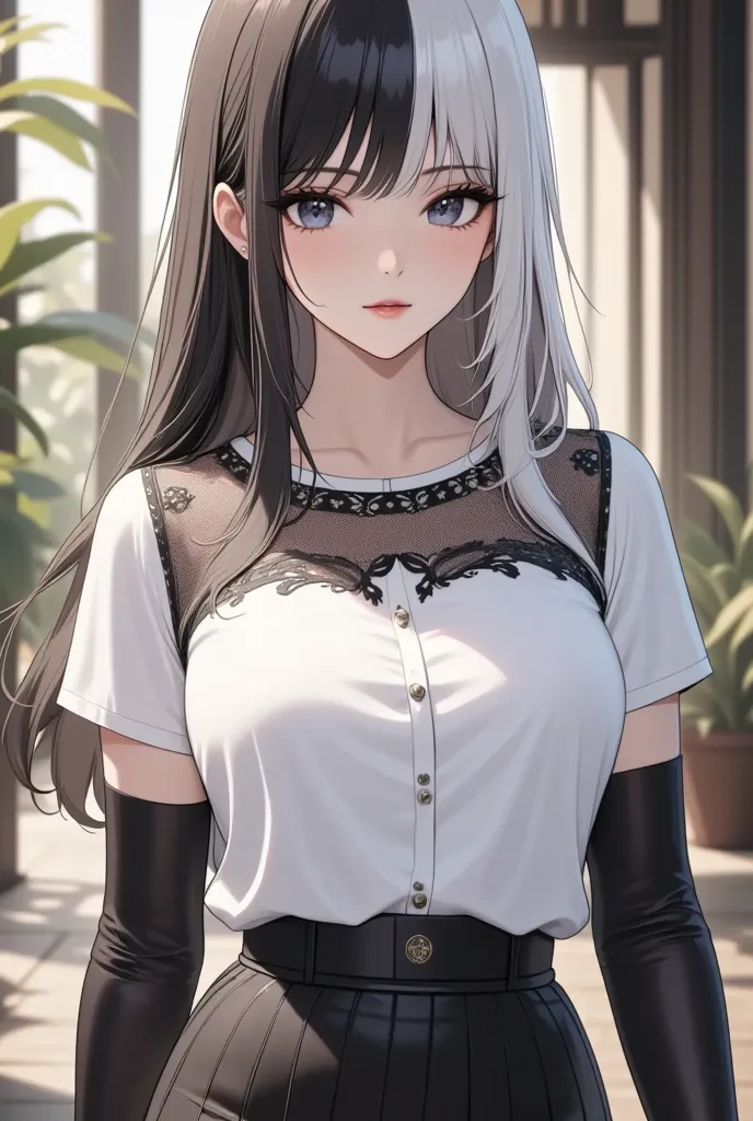 A mature anime-style woman with an impactful and unique appearance. Her hair is divided into two colors: the left half is black and the right half is white, With hair up to the back .  His eyes reflect his duality : the left one is completely white, while ...