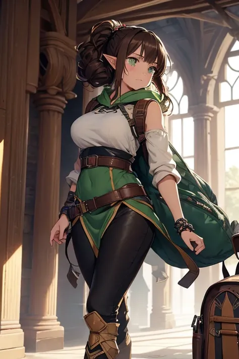 ((best quality))) (((HD))) (((8k))) (character) 20-year-old woman, ((adventurous)), (long pointy ears), freckles, elf, short stature and plump, chunky ((large breasts)), (wide hips:1.2), (dark brown hair:1.5), medium length and held back with a hair band, ...