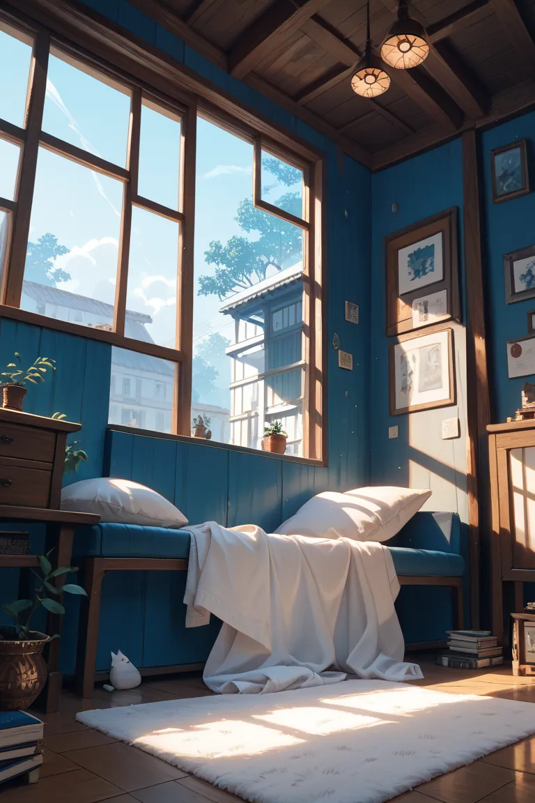 long vertical windows with white floors and no lattice in a Japanese room、Fluffy White Carpet、small room、Sky blue wall、Walls and ceilings look like blue skies、There are no figurines or decorative furniture at all