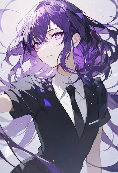 Beautiful, solo, long hair, purple hair, purple eyes, white shirt, black suit, short sleeves, houseki no kuni