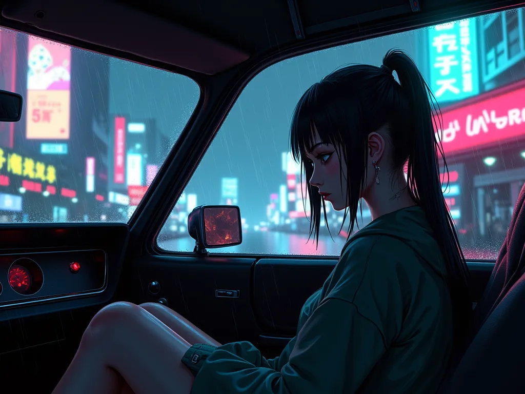 anime futuristic punk girl, sad, depressed, cyberpunk, lonely, night, in car, rain, lights, vibe, aesthetic, chilling