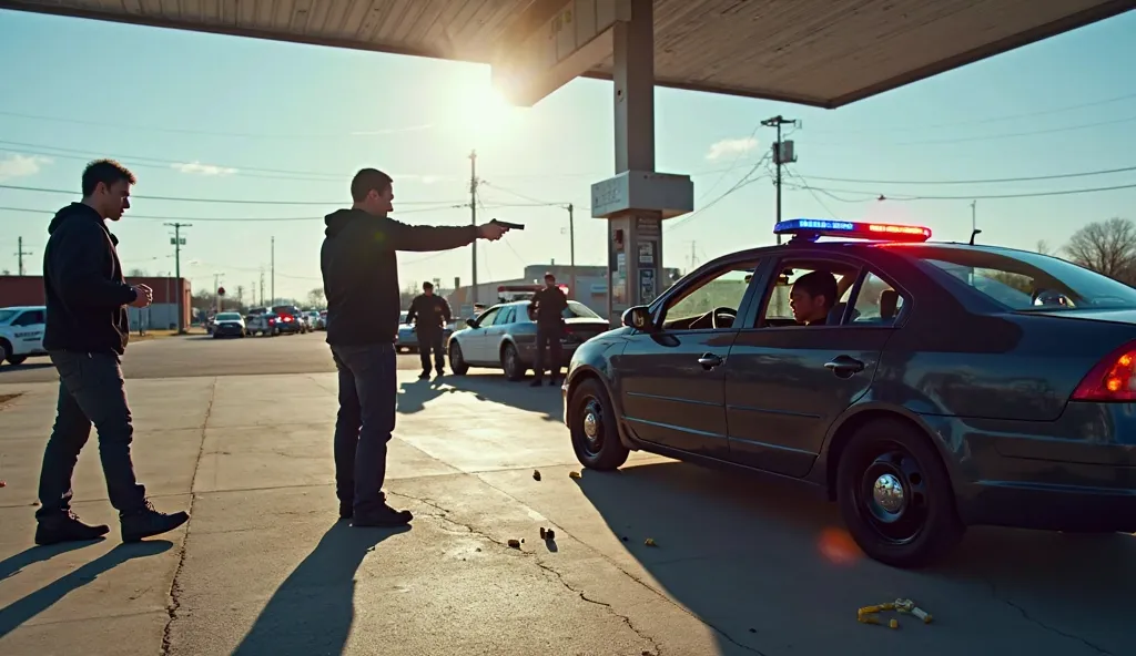 "Ultra-realistic daytime photo of a police standoff at a gas station in Lexington, Illinois. A dark sedan (2010s model) is parked under a bright midday sun, doors open. A 19-year-old Hispanic male suspect (wearing a black hoodie and jeans) stands outside t...