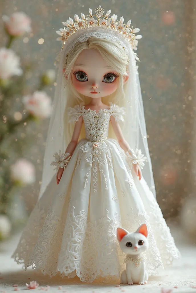 spherical joint doll that works on the mouth。 girl。wearing a wedding dress。there's a cat next to it、That cat is also wearing a wedding dress。