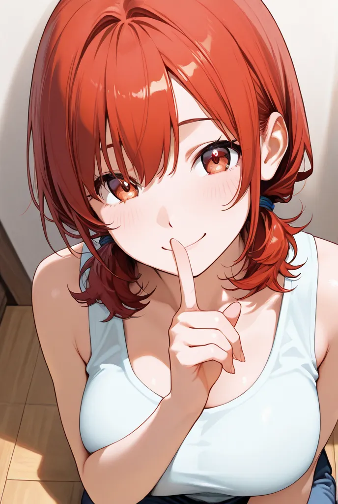  high texture,solo,hidden hair,older sister,random hairstyle,random hair color,  tank top, large breasts  ,smile, Sitting on the floor,Offering a comforting smile, from above, shushing