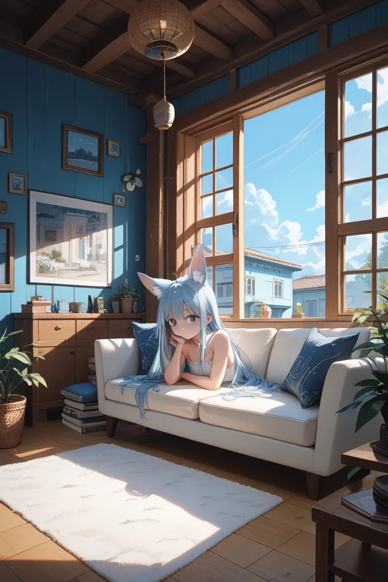 long vertical windows with white floors and no lattice in a Japanese room、Fluffy White Carpet、small room、Sky blue wall、Walls and ceilings look like blue skies、There are no figurines or decorative furniture at all。Sit on a white sofa、Kizuna Ai、long hair cau...