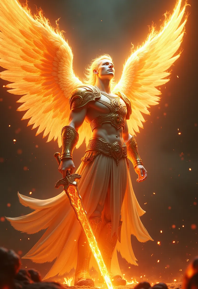 Angel man with flaming wings on fire, flaming eyes, white skin flaming armor. Holds a flaming sword pointing to the sky 