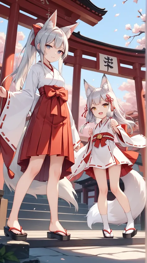 top quality, insanely detailed,  1 ,  Silver Hair, Silver fox ears, foxtail, 1 silver tail,  lori, Young girl figure , Shrine maiden, japanese white clothes, red hakama,  miko_dress, ponytail, A shrine without people, 