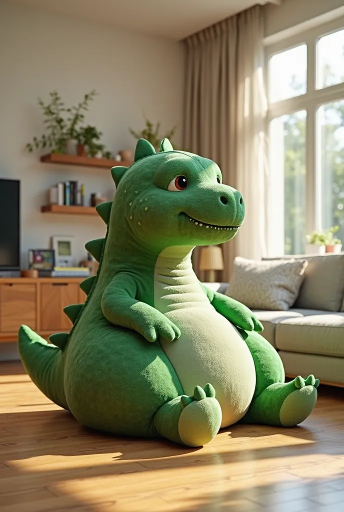 
a green dinosaur bean bag chair.  in a cozy living room. The room has wooden floors and modern furniture