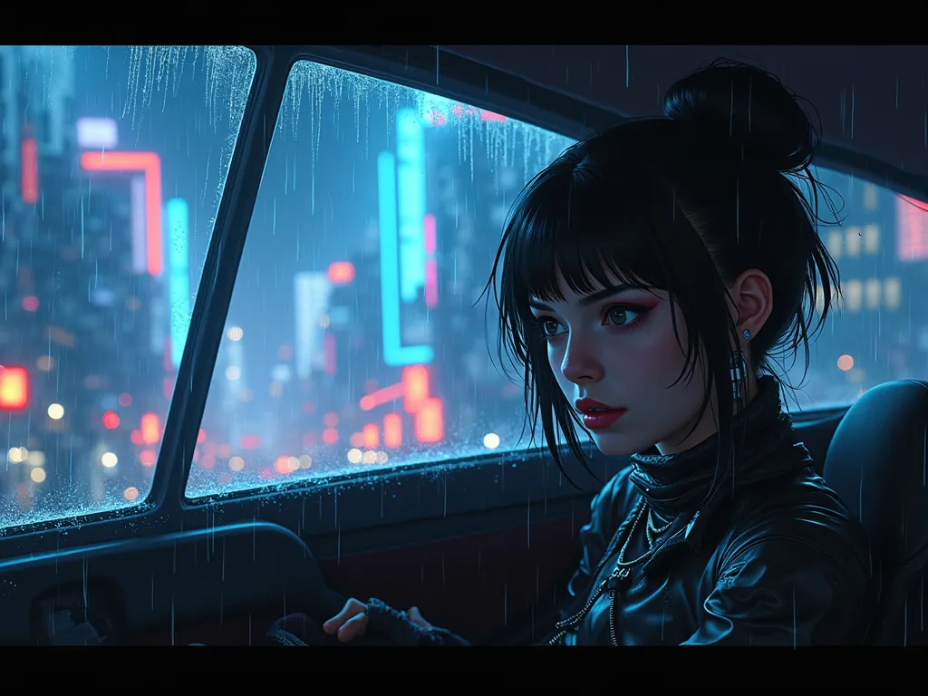 anime futuristic punk girl, sad, depressed, cyberpunk, lonely, night, in car, rain, lights, vibe, aesthetic, chilling, space, planet, space ship