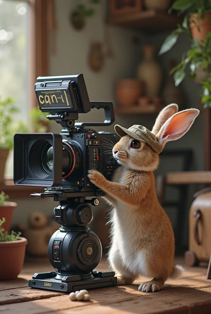 A rabbit filming with a big ARRI camera